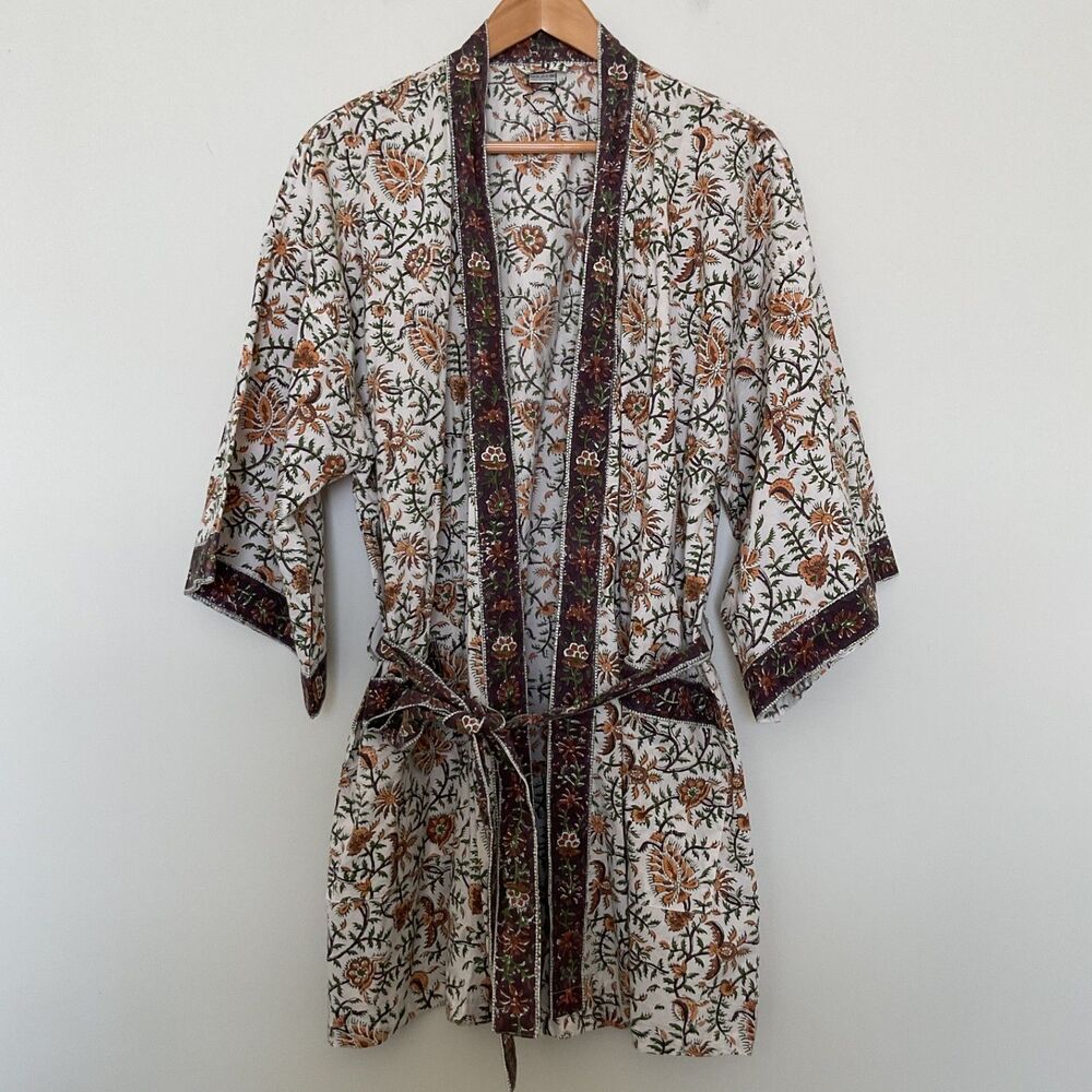 Flowering Vines Robe Kimono Womens One Size Block Print Handcrafted Mod NEW